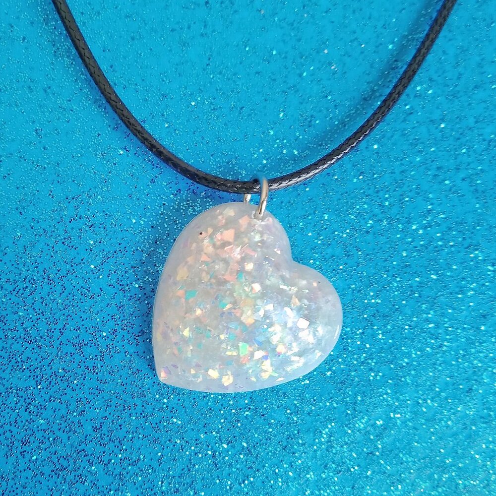 Faux white opal heart shaped pendant on 20" black cord necklace new resin
